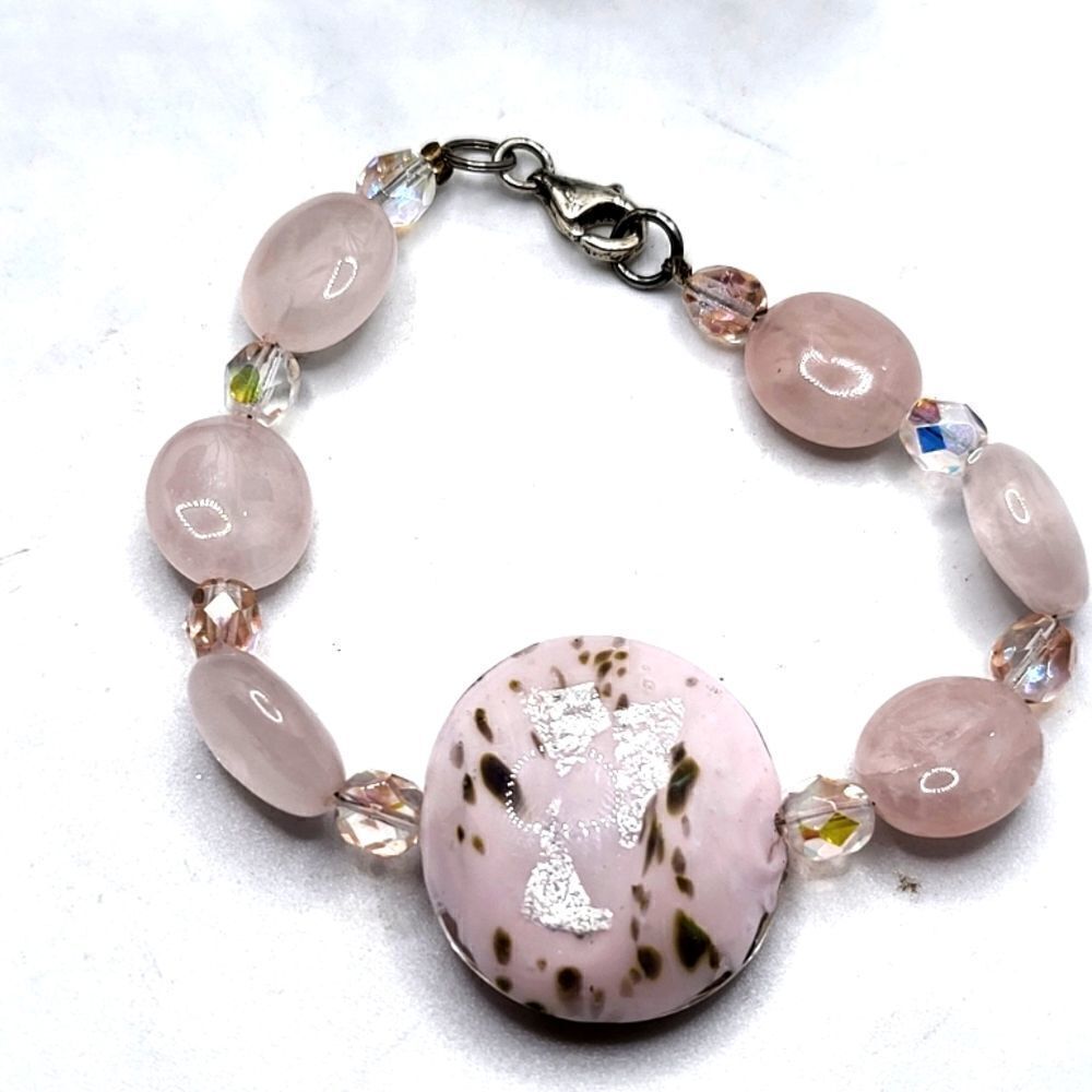 "5/$40" Light Pink Gold Art Glass Beaded Bracelet 7"